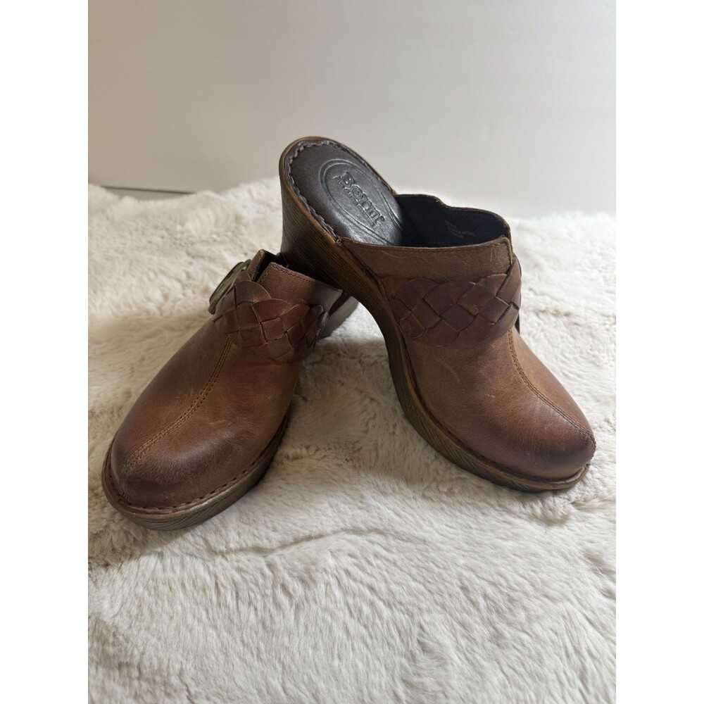 Born Mahal Clogs Leather Braided Buckle Brown Buckle Distressed New Size 7.5-8